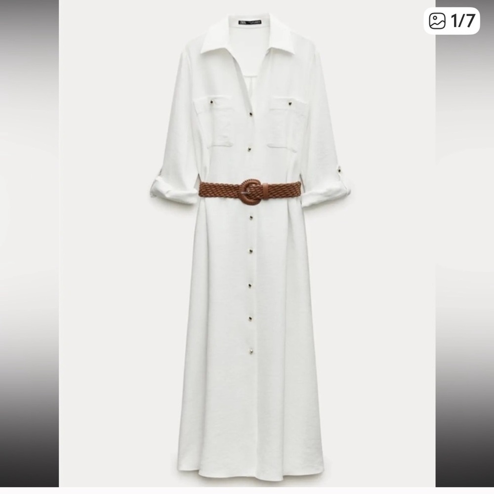 Zara White Midi Dress with Brown Belt